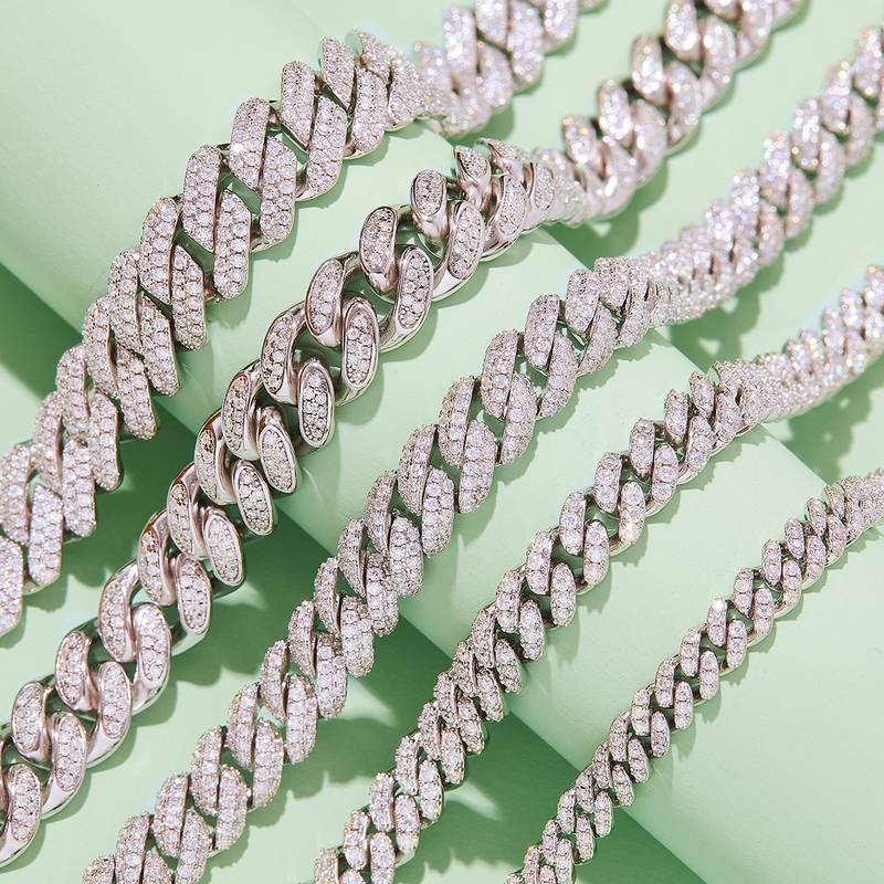 12mm宽Cuban ChainS925银镶Moissanite厘石圆形白色DVVS